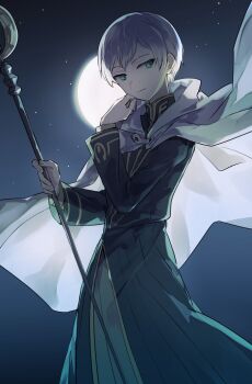 1boy blue_robe cape closed_mouth commentary_request green_eyes grey_hair holding holding_staff male_focus moon night octopath_traveler octopath_traveler_ii robe short_hair smile solo staff standing star_(sky) suuq1001 temenos_mistral white_cape