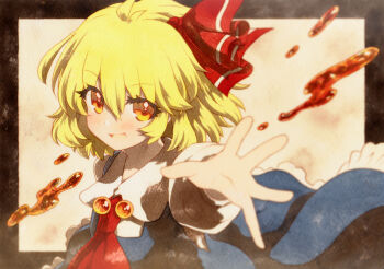 1girl black_dress blonde_hair blush dress frills hair_between_eyes highres long_sleeves looking_at_viewer medium_hair neckerchief parted_lips reaching reaching_towards_viewer red_eyes red_neckerchief rinka_(qqqrinkappp) rumia shirt smile solo touhou upper_body white_shirt