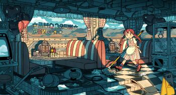 1girl :> apron arcade_cabinet artist_name balloon braid bucket bucket_spill canalbooks1125 closed_mouth collared_dress commentary crane_game curtains diner dress frilled_apron frills hanging_light heart_balloon highres holding holding_mop indoors industrial_pipe ketchup_bottle long_hair looking_at_viewer mirrored_text mop mustard_bottle original puffy_short_sleeves puffy_sleeves red_footwear red_hair ripples roller_skates salt_shaker short_sleeves skates smile soap_bubbles solo spill stairs stool striped_clothes striped_dress symbol-only_commentary table tile_floor tiles twin_braids twintails vertical-striped_clothes vertical-striped_dress waist_apron wet_floor wet_floor_sign white_apron wide_shot |_|