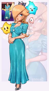 1girl absurdres blonde_hair blue_eyes breasts brie_larson commentary crown dress earrings english_commentary hair_over_one_eye highres jewelry long_hair luma_(mario) mario_(series) nintendo real_life_insert rosalina sarukaiwolf short_sleeves smile star_(symbol) star_earrings the_super_mario_galaxy_movie voice_actor_connection