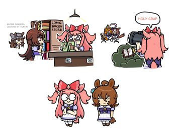 6+girls agnes_digital_(umamusume) agnes_tachyon_(umamusume) ahoge animal_ears arm_around_neck back_bow bare_arms beanie bespectacled binoculars black-framed_eyewear blue_bow blue_bowtie blue_eyes blue_ribbon blue_shirt book bow bowtie brooch brown_hair brown_shoes bush candy ceiling_light chibi chupa_chups completely_unamused cropped_legs crown diamond_hair_ornament ear_bow ear_ornament earrings ears_through_headwear elbows_on_table electrical_outlet english_text eyelashes food frilled_skirt frills from_behind glasses gold_crown grey_hat hair_between_eyes hair_bobbles hair_bow hair_ornament hand_on_own_chin hand_on_own_elbow hat heart hexagon himejoshi holding holding_binoculars holding_book holding_candy holding_food holding_lollipop horse horse_ears horse_girl horse_tail horseshoe horseshoe_ornament huge_ahoge jewelry large_bow lollipop long_hair long_hair_between_eyes medium_skirt meisho_doto_(umamusume) messy_hair mini_crown multicolored_hair multiple_girls multiple_views nakayama_festa_(umamusume) on_bench orange_hair pikminpreggedup pink_hair pleated_skirt pom_pom_(clothes) puffy_short_sleeves puffy_sleeves reading red_bow red_eyes ribbon school_uniform shirt shoes short_hair short_sleeves sidelocks simple_background sirius_symboli_(umamusume) sitting skirt speech_bubble stalking standing streaked_hair surprised t.m._opera_o_(umamusume) tail tail_raised thighhighs tracen_school_uniform two-tone_shirt two_side_up umamusume unamused uwabaki very_long_hair white_background white_shirt white_skirt white_thighhighs wide-eyed yuri yuri_(object)