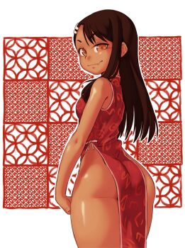 1girl alternate_costume ass back bare_legs black_hair blush borvar butt_crack china_dress chinese_clothes cowboy_shot curvy dress ears_visible_through_hair fang female_focus from_behind grin hair_ornament hairclip highres ijiranaide_nagatoro-san long_hair looking_at_viewer looking_back nagatoro_hayase no_panties orange_eyes pelvic_curtain shiny_skin skin_fang smile solo standing thick_thighs thighs wide_hips
