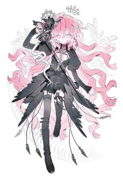 1girl black_boots black_dress black_thighhighs boots closed_mouth dot_mouth dot_nose dress full_body hair_between_eyes highres holding holding_sword holding_weapon juliet_sleeves lace-up_boots long_hair long_sleeves looking_at_viewer memuro original pink_eyes pink_hair puffy_sleeves simple_background solo standing standing_on_one_leg sword thighhighs twitter_username weapon white_background