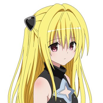 1girl bare_shoulders blonde_hair breasts closed_mouth clothing_cutout hair_between_eyes hair_intakes hair_ornament highres konjiki_no_yami long_hair looking_at_viewer quelcom red_eyes small_breasts solo star_cutout to_love-ru to_love-ru_darkness very_long_hair