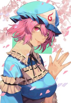 1girl black_ribbon blue_hat blue_kimono breasts cherry_blossoms closed_mouth falling_petals frilled_kimono frills hat highres japanese_clothes kimono large_breasts looking_at_viewer mob_cap neck_ribbon onionmay petals pink_eyes pink_hair pink_petals ribbon saigyouji_yuyuko short_hair sleeve_garter smile solo touhou triangular_headpiece