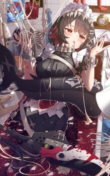 absurdres apron black_hair blood breasts cup drinking_glass ellen_joe fins fish_tail hair_ornament highres indoors maeru maid maid_apron maid_headdress nail_polish red_eyes red_hair shark_girl shark_tail skeleton tail white_apron wine_glass zenless_zone_zero