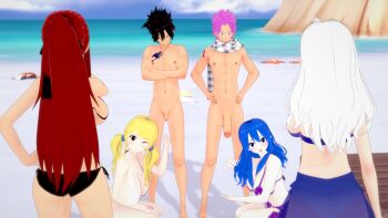 2boys 4girls bikini erza_scarlet fairy_tail gray_fullbuster highres humiliation juvia_lockser large_penis lucy_heartfilia mirajane_strauss multiple_boys multiple_girls natsu_dragneel penis penis_size_difference small_penis small_penis_humiliation swimsuit tiny_gesture