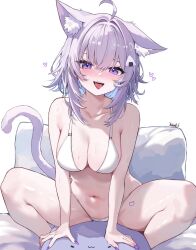 Rule 34 | 1girl, :d, ahoge, animal ear fluff, animal ears, bikini, breasts, cat ears, cat tail, cat tattoo, cleavage, collarbone, ear down, fangs, food-themed hair ornament, hair ornament, highres, hololive, kkato, large breasts, leg tattoo, light blush, long bangs, looking at viewer, medium hair, nail polish, navel, nekomata okayu, on bed, onigiri hair ornament, open mouth, pillow, purple eyes, purple hair, purple nails, sidelocks, signature, smile, solo, stomach, straddling, straight-on, swimsuit, tail, tattoo, teeth, upper teeth only, white background, white bikini