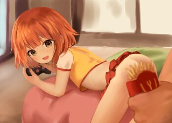 1boy 1girl :d age_difference ass blush controller convenient_censoring crumbles daughter_(yoru_mac) food french_fries game_controller green_eyes head_out_of_frame highres holding holding_controller holding_game_controller indoors loli looking_at_viewer mcdonald's open_mouth orange_hair red_skirt shirt short_hair short_sleeves skirt smile solo_focus yellow_shirt yoru_mac