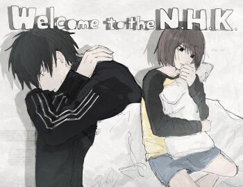 1boy 1girl black_eyes black_hair black_jacket black_pants black_shirt blue_skirt bob_cut brown_hair copyright_name crossed_arms curled_fingers curled_up denim denim_skirt depressed drop_shadow english_text hand_to_own_mouth hands_on_own_shoulders head_tilt highres holding holding_pillow hugging_object hugging_own_legs jacket knees_up long_sleeves looking_afar looking_ahead looking_down nakahara_misaki nhk_ni_youkoso! nnnyanrrr on_bed pants pillow pillow_hug raglan_sleeves satou_tatsuhiro shirt short_hair sitting sketch skirt t-shirt tearing_up triple_vertical_stripe unhappy white_background white_jacket yellow_shirt yokozuwari