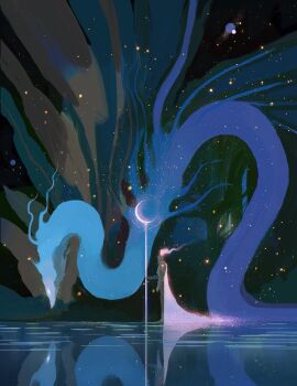 1other ahad armor cape commentary crescent english_commentary fins from_side highres holding holding_staff monster original plume reflection reflective_liquid sea_serpent sky staff star_(sky) starry_sky tree