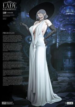 1girl absurdres ak-15_(girls'_frontline) alcina_dimitrescu alcina_dimitrescu_(cosplay) alternate_breast_size_(larger) alternate_height bare_shoulders black_eyeliner black_gloves black_hat blurry blurry_background breasts center_opening chandelier cleavage commentary cosplay dress earrings elbow_gloves english_commentary english_text eyeliner folded_hair from_below full_body girls'_frontline gloves grey_hair grey_lips hair_over_one_eye halterneck hand_on_own_hip hand_up hat highres holding holding_smoking_pipe indoors j_adsen jewelry large_breasts lipstick long_dress makeup necklace no_bra paid_reward_available pearl_necklace plunging_neckline resident_evil resident_evil_village sideboob sleeveless sleeveless_dress smoking_pipe solo stairs standing sun_hat white_dress wide_brim