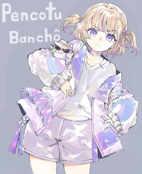 Rule 34 | 1girl, banpen (todoroki hajime), blonde hair, choker, grey background, hand in pocket, hololive, hololive dev is, jacket, konabetate, purple choker, purple eyes, purple jacket, purple shorts, shorts, sunglasses, todoroki hajime, todoroki hajime (1st costume), twintails, virtual youtuber