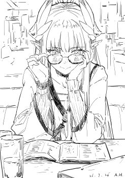 1girl absurdres adjusting_eyewear alexander_herrington arknights bespectacled book closed_mouth dated elf glass glasses greyscale hands_up highres initial jacket laurel_crown long_hair monochrome muelsyse_(arknights) open_clothes open_jacket pointy_ears reading shirt sketch smile solo upper_body wide_sleeves