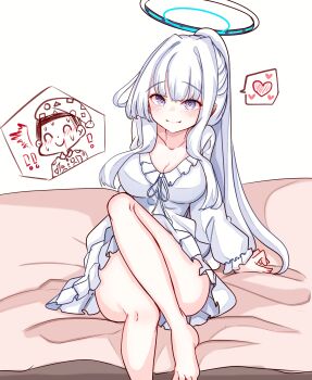 1boy 1girl absurdres barefoot blue_archive blush breasts doodle_sensei_(blue_archive) halo heart highres large_breasts long_sleeves looking_at_viewer noa_(blue_archive) noa_(pajamas)_(blue_archive) on_bed pajamas peroronti sensei_(blue_archive) sitting smile spoken_heart thighs white_halo white_pajamas