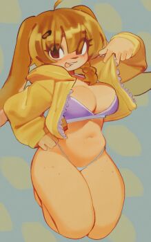1girl animal_ears bikini body_freckles braid breasts brown_eyes brown_hair chinese_clothes cleavage cropped_jacket freckles furry furry_female hanfu highres jacket long_sleeves looking_at_viewer navel open_mouth original rabbit_ears rabbit_girl second-party_source simple_background solo swimsuit wamudraws yellow_jacket