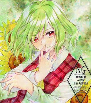 Rule 34 | 1girl, alto2019, ascot, closed mouth, collared shirt, commentary request, flower, green hair, highres, kazami yuuka, long sleeves, looking at viewer, open clothes, open vest, plaid clothes, plaid vest, red eyes, red vest, sample watermark, shirt, signature, smile, solo, sunflower, touhou, vest, watermark, watermark grid, white shirt, yellow ascot, yellow flower