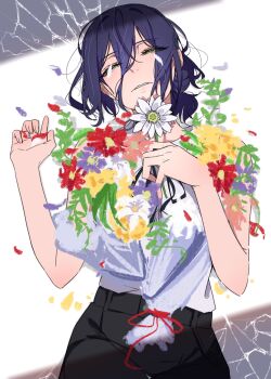 1girl black_hair black_shorts bouquet chainsaw_man collared_shirt cowboy_shot crack cracked_glass flower green_eyes hair_between_eyes half-closed_eyes hands_up highres holding holding_bouquet long_hair_between_eyes lying medium_hair on_back parted_lips reze_(chainsaw_man) ri_o_ne_su shirt shorts white_shirt