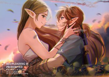 1boy 1girl arms_around_another's_waist bare_shoulders blonde_hair blue_tunic breasts closed_mouth cloud cloudy_sky commentary_request dress earrings falling_leaves gold_bracer hair_between_eyes hair_tie hand_in_another's_hair hetero jewelry leaf link long_hair low_ponytail master_sword medium_breasts medium_hair nintendo outdoors parted_bangs pointy_ears ponytail princess_zelda sidelocks sky smile strapless strapless_dress sword sword_on_back the_legend_of_zelda the_legend_of_zelda:_breath_of_the_wild tunic twitter_username upper_body weapon weapon_on_back white_dress yurian_(user_utch8788)