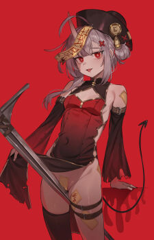 1girl :p absurdres bare_shoulders black_tail borrowed_character breasts cameltoe china_dress chinese_clothes cleavage_cutout clothes_lift clothing_aside clothing_cutout commentary_request covered_navel crotch_rub demon_tail detached_collar di_le_to double_bun dress drooling gold_trim grey_hair hair_bun hat highres horns lifting_own_clothes looking_at_viewer maebari no_ofuda ofuda ofuda_on_head ofuda_on_pussy original pelvic_curtain pelvic_curtain_aside pelvic_curtain_lift qingdai_guanmao red_background red_dress red_eyes red_sleeves red_theme simple_background single_horn single_thighhigh skin-covered_horns small_breasts smile solo sparkling_eyes sword tail thighhighs thighs tongue tongue_out weapon
