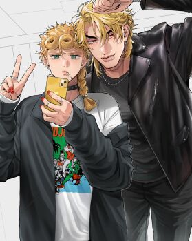2boys arm_up black_jacket black_pants black_shirt blonde_hair blue_eyes braid cellphone cigarette closed_mouth crew_neck curtained_hair dio_brando father_and_son giorno_giovanna hair_behind_ear hair_rings highres holding holding_phone iphone jacket jewelry jojo_no_kimyou_na_bouken komiya_harumoto lapels layered_sleeves long_sleeves male_focus multiple_boys multiple_rings nail_polish necklace notched_lapels pants phone print_shirt red_eyes red_nails ring shirt single_braid smartphone standing vento_aureo