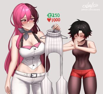 2girls belt black_hair blush bodystocking breasts brown_eyes brown_hair cleavage closed_eyes clothes_hanger covered_navel cropped_sweater cslucaris gradient_hair hair_between_eyes heterochromia highres holding holding_clothes_hanger large_breasts long_hair multicolored_hair multiple_girls neopolitan_(rwby) pants pink_eyes pink_hair red_hair red_shorts ruby_rose rwby short_hair short_shorts shorts split-color_hair sweater two-tone_hair virgin_destroyer_sweater white_belt white_pants