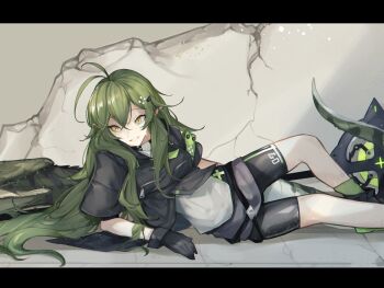 1girl antenna_hair arknights arm_behind_back belt bike_shorts bike_shorts_under_skirt black_gloves black_shirt black_shoes black_shorts clothes_writing commentary_request crack cracked_floor cracked_wall crocodile crocodilian crocodilian_tail cropped_shirt double-parted_bangs elbow_rest foot_out_of_frame gavial_(arknights) gloves green_hair green_socks grey_skirt grin hair_between_eyes hair_ornament hair_over_shoulder hairclip kamatpit knee_up layered_shirt letterboxed light_particles long_hair long_pointy_ears looking_to_the_side lying miniskirt on_floor on_side open_mouth pointy_ears reptile_girl shirt shoes short_sleeves shorts sideways_glance skirt smile socks solo sweat tail turning_head very_long_hair weapon white_shirt yellow_eyes
