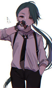 1girl black_gloves collared_shirt commentary_request ear_piercing gloves green_hair hand_in_pocket highres holding holding_poke_ball long_hair long_sleeves looking_at_viewer nintendo open_mouth piercing poke_ball pokemon pokemon_sv rika_(pokemon) shirt shizumu_(4_zu6) simple_background solo speech_bubble tomboy translation_request white_shirt