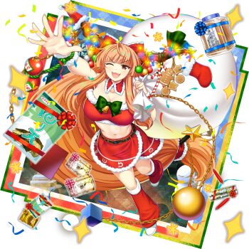 Rule 34 | 1girl, :3, aged up, alternate costume, ball and chain restraint, bell, belt, big hair, bow, breasts, brown horns, candy, candy cane, christmas ornaments, cleavage, collarbone, cookie, detached collar, fang, food, food request, fur-trimmed skirt, fur trim, game cg, gingerbread man, hair bow, highres, holding, holding sack, horn ornament, horn ribbon, horns, ibuki suika, jar, large breasts, leg warmers, long hair, looking at viewer, midriff, navel, official art, oni, open mouth, orange hair, red bow, red leg warmers, red skirt, ribbon, rotte (1109), sack, santa costume, skirt, smile, snowman, solo, star-shaped cookie, star-shaped food, star (symbol), third-party source, touhou, touhou lostword, translation request, transparent background, very long hair, yellow eyes