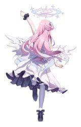 Rule 34 | 1girl, arm up, black footwear, black scrunchie, blue archive, bow, capelet, clenched hands, commentary request, dress, feathered wings, footwear bow, frilled dress, frills, full body, hair bun, hair ornament, halo, highres, low wings, mika (blue archive), pink hair, pink halo, scrunchie, simple background, single hair bun, solo, standing, standing on one leg, superpig, thighhighs, white background, white capelet, white dress, white thighhighs, white wings, wings, wrist scrunchie