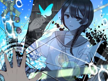 Rule 34 | alter ego (game), beckoning, black eyes, blue butterfly, blue sky, boom barrier, breasts, broken mirror, bug, butterfly, butterfly on hand, commentary request, crack, crossbuck, day, es (alter ego), gloves, highres, insect, lens flare, long sleeves, magica cana, medium breasts, medium hair, mirror, neckerchief, outdoors, outstretched hand, railroad crossing, railroad signal, reaching, reaching towards viewer, ripples, sailor collar, sailor shirt, school uniform, serafuku, shards, shirt, short sleeves, sky, smile, spread fingers, sunlight, water, water drop