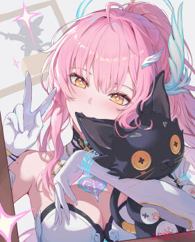 Rule 34 | 1girl, absurdres, bare shoulders, breasts, character request, cleavage, copyright request, dated, elbow gloves, gloves, hair ornament, highres, hokori sakuni, holding, holding stuffed toy, long hair, looking at viewer, medium breasts, mole, mole on shoulder, pink hair, solo, sparkle, sparkling eyes, stuffed animal, stuffed cat, stuffed toy, upper body, v, white gloves, yellow eyes