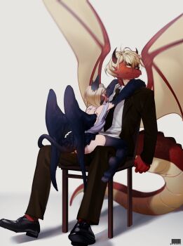 1boy 1girl absurdres animal_ears ass black_jacket black_pants black_skirt black_suit collared_shirt dragon_boy dragon_horns dragon_tail formal_clothes furry furry_male highres holding horns jacket long_hair long_sleeves miniskirt necktie original pants pita-potato pleated_skirt pointy_ears shirt short_hair skirt smile suit tail white_shirt wings