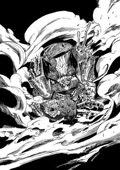 1girl 1other battle_damage black_background breasts bullet_hole charles_babbage_(fate) fate/grand_order fate_(series) fujimaru_ritsuka_(female) hair_over_one_eye highres machine mecha mecha_focus medium_breasts monochrome pandemonium robot scratches side_ponytail size_difference smoke steam steampunk