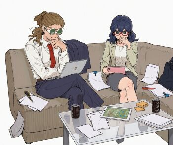 1boy 1girl belt black_shoes blue_hair blue_jacket blue_pants brown_belt brown_hair can canned_coffee coffee_table commentary computer couch crossed_legs dreadlocks drink_can gatan666 glasses green-tinted_eyewear green_eyes grey_jacket hand_to_own_mouth highres holding holding_tablet_pc inazuma_eleven_(series) inazuma_eleven_go jacket kidou_yuuto laptop long_hair necktie nib_pen_(object) on_couch otonashi_haruna pants paper pen red-framed_eyewear red_necktie shirt shoes sitting sticky_note table tablet_pc tinted_eyewear unworn_jacket white-framed_eyewear white_shirt