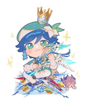 Rule 34 | > <, 2boys, :3, beret, black horns, blue hair, blush stickers, capelet, closed mouth, commentary, crown, deformed, dot nose, double-parted bangs, english commentary, flower, genshin impact, gradient hair, green capelet, green eyes, green hat, hair between eyes, hat, highres, holding, holding instrument, horns, instrument, long sleeves, male focus, mini durin (genshin impact), mini durin (human) (genshin impact), multicolored hair, multiple boys, open mouth, paku (cheebpaku), pantyhose, purple hair, simple background, sitting, solo focus, sparkle, venti (genshin impact), white background, white flower, white pantyhose