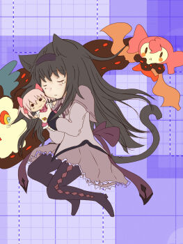 10s 1girl absurdres akemi_homura akemi_homura_(magical_girl) animal_ears black_hair cat_ears cat_tail character_doll charlotte_(madoka_magica) closed_eyes doll female_focus highres kaname_madoka kaname_madoka_(magical_girl) long_hair magical_girl mahou_shoujo_madoka_magica mahou_shoujo_madoka_magica_(anime) nimu pantyhose pleated_skirt skirt sleeping solo tail