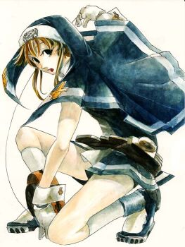 1boy ankle_boots arm_between_legs arm_up bare_arms bike_shorts black_boots blonde_hair blue_eyes blue_shorts blue_veil blue_vest boots bridget_(guilty_gear) cross cross_print fact floating_clothes from_side full_body gloves guilty_gear guilty_gear_xx guimpe holding holding_toy knee_up kneehighs latin_cross long_sidelocks looking_at_viewer male_focus mars_symbol object_belt on_one_knee open_mouth oversized_object print_wrist_cuffs shirt shorts sidelocks sleeveless sleeveless_shirt socks solo string string_pull toy trap veil vest white_gloves white_shirt white_socks white_trim white_wrist_cuffs wrist_cuffs yo-yo