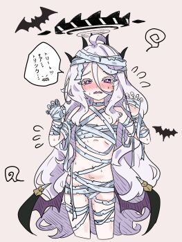 1girl absurdres ahoge bandaged_chest bandaged_head bandaged_leg bandaged_neck bandages bat_(animal) black_halo black_horns black_wings blue_archive blush bright_pupils chest_sarashi claw_pose commentary crying crying_with_eyes_open demon_girl demon_wings dot_nose e_v_e_neko embarrassed flat_chest flying_sweatdrops hair_between_eyes half-closed_eyes halo hands_up highres hina_(blue_archive) horns loli long_hair low_wings multiple_horns mummy_costume navel open_mouth pink_background purple_eyes sarashi sidelocks simple_background solo standing sweat tears thighs trick_or_treat very_long_hair white_hair white_pupils wings