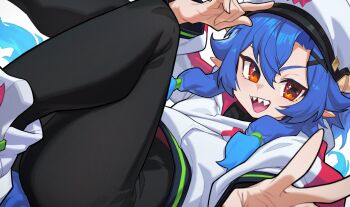 1girl black_pants blue_hair commission cross-shaped_pupils cross_hair_ornament hair_between_eyes hair_ornament hairclip hat hata4564 highres hood hood_down hoodie long_hair long_sidelocks open_mouth orange_eyes original pants pointy_ears sharp_teeth shoes sidelocks skeb_commission smile solo star_(symbol) star_in_eye symbol-shaped_pupils symbol_in_eye teeth undershirt white_hat white_hoodie white_shoes