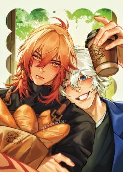 2boys antenna_hair arm_tattoo artist_name baguette black_sweater blonde_hair blue_eyes blush braid bread commentary cup disposable_coffee_cup disposable_cup english_commentary facial_tattoo food gradient_hair head_on_another's_shoulder highres holding holding_cup honkai:_star_rail honkai_(series) looking_at_viewer male_focus medium_hair multicolored_hair multiple_boys mydei_(honkai:_star_rail) one_eye_closed peejdoodles phainon_(honkai:_star_rail) red_hair red_tattoo short_hair side_braid sweater tattoo turtleneck turtleneck_sweater white_hair yaoi yellow_eyes
