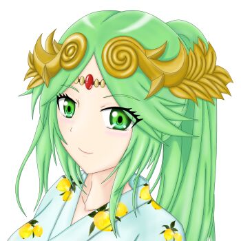Rule 34 | 1girl, absurdres, alternate costume, alternate hairstyle, aqua yukata, arms at sides, artist request, breasts, collarbone, eyelashes, female focus, forehead jewel, fruit print, green eyes, green hair, hair flaps, hair ornament, happy, head chain, highres, japanese clothes, jewelry, kid icarus, kid icarus uprising, kimono, large breasts, laurel crown, lemon print, light blush, long hair, long sleeves, looking at viewer, matching hair/eyes, neck, nintendo, palutena, parted bangs, ponytail, print yukata, sidelocks, simple background, smile, tiara, upper body, very long hair, white background, wide sleeves, yukata