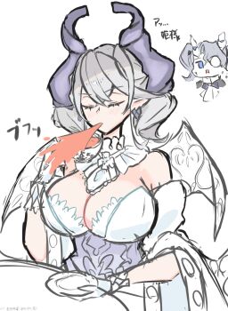 2girls arias_the_labrynth_butler bare_shoulders breasts cleavage closed_eyes closed_mouth commentary_request cup demon_girl demon_horns demon_wings detached_sleeves dress earrings gloves grey_hair highres holding holding_cup horns jewelry large_breasts lovely_labrynth_of_the_silver_castle multiple_girls sira_tise solo spitting tea white_gloves wings yu-gi-oh!