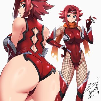 1girl :o absurdres ass bare_shoulders blue_eyes boots breasts code_geass commentary_request commission covered_navel dated elbow_gloves feet_out_of_frame fishnet_pantyhose fishnets gloves hair_intakes hand_on_own_hip headband heattech_leotard highleg highleg_leotard highres index_finger_raised kouzuki_kallen large_breasts leotard looking_at_viewer looking_back multiple_views orange_scarf pantyhose parted_lips pixiv_commission red_boots red_gloves red_hair red_headband red_leotard scarf sidelocks signature simple_background standing thigh_boots turtleneck white_background yoo_tenchi
