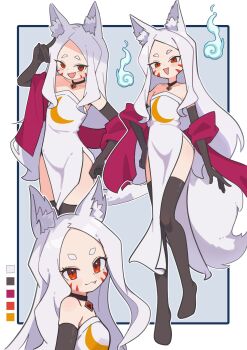 Rule 34 | 1girl, :d, absurdres, animal ear fluff, animal ears, bare shoulders, black choker, black gloves, black thighhighs, blush, choker, color guide, commentary, crescent print, dot nose, dress, elbow gloves, facial mark, fang, fox ears, fox girl, fox shadow puppet, fox tail, full body, gloves, highres, hitodama, jewelry, katancotton, long hair, looking at viewer, multiple views, open mouth, red eyes, red sarong, red shawl, sarong, sewayaki kitsune no senko-san, shawl, shiro (sewayaki kitsune no senko-san), short eyebrows, smile, strapless, strapless dress, tail, thick eyebrows, thighhighs, whisker markings, white hair