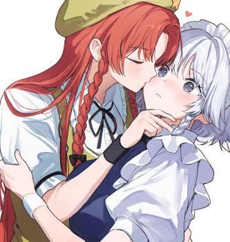 2girls black_bow black_ribbon black_wrist_cuffs blue_vest blush bow braid breasts closed_eyes closed_mouth frilled_hairband frills green_hat green_vest grey_eyes hair_bow hairband hand_on_another's_arm hand_on_another's_cheek hand_on_another's_face hat heart highres hong_meiling izayoi_sakuya kiss kissing_cheek long_hair maid maid_headdress medium_breasts multiple_girls red_hair ribbon sarukana shirt short_sleeves simple_background touhou very_long_hair vest white_background white_hair white_hairband white_shirt white_wrist_cuffs wing_collar wrist_cuffs yuri