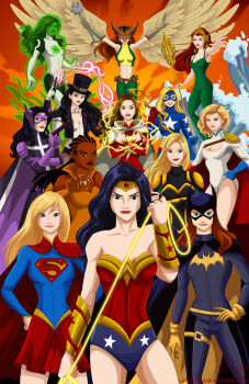6+girls amazon_warrior arm_up armor arms_up barbara_gordon bare_legs bare_shoulders batgirl birds_of_prey black_canary black_hair blonde_hair blue_eyes blue_gloves bodysuit bow bow_(weapon) bowtie bracelet braid breasts brown_hair cape claws cleavage cleavage_cutout clothing_cutout collarbone colored_skin courtney_whitmore crossbow dark-skinned_female dark_skin dc_comics detached_collar everyone female_focus flying gloves green_hair green_skin grey_gloves grin hand_on_own_hip hat hawkgirl highres holding huntress_(dc) jade_(dc) jewelry justice_league justice_society_of_america kryptonian legs leotard lips lipstick long_hair looking_at_viewer mace magic magician makeup mari_jiwe_mccabe mary_batson mask masquerade mera_(dc) midriff multiple_girls navel neck necklace outstretched_arm pauldrons pink_lips polearm power_girl purple_gloves queen red_cape red_gloves red_hair red_lips red_skirt s_shield short_hair shoulder_armor single_pauldron skirt sleeveless smile standing stargirl strapless supergirl tiara top_hat trident turtleneck v-neck vixen_(dc) wand water weapon wonder_woman yellow_gloves zatanna_zatara