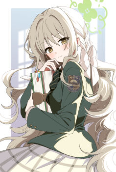 1girl blue_archive blush book bow bowtie brown_hair from_side green_halo green_jacket hair_bow halo highres holding holding_book hugging_book hugging_object jacket long_hair long_sleeves looking_at_viewer miyo_(blue_archive) nichaku school_uniform shirt skirt solo striped_bow striped_bowtie striped_clothes white_bow yellow_eyes