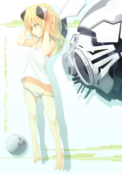 1girl amagi_mist barefoot blonde_hair female_focus highres long_hair machine original panties solo underwear yellow_eyes