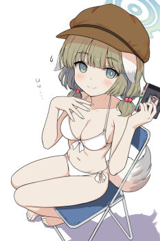 1girl animal_ears bikini blue_archive blush breasts chair collarbone green_eyes green_hair halo hat highres kooriyama_azuki large_breasts light_blush light_smile looking_at_viewer sitting smile solo swimsuit white_background white_bikini yakumo_(blue_archive)